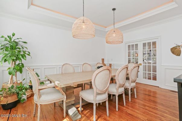 Dining room, Interior, Pendant Lights, Wood Texture Flooring