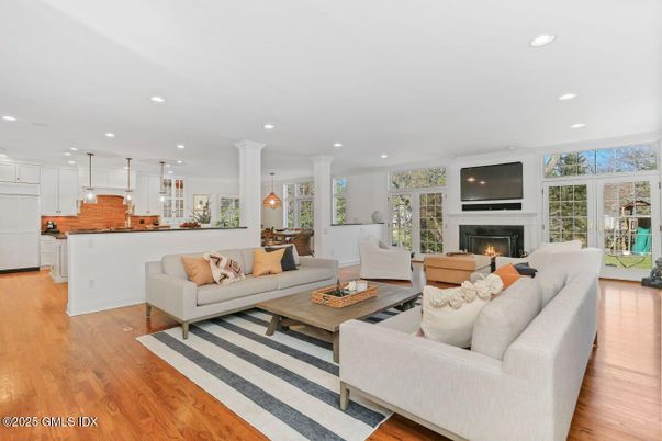 Fireplace, Interior, Kitchen, Living room, Pendant Lights, Recessed Lighting, Wood Texture Flooring