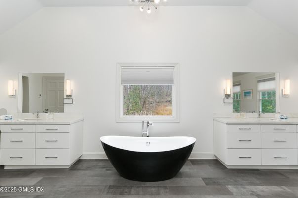 Bathroom, Dual Sink Vanities, Free Standing Baths, Interior, Wood Texture Flooring