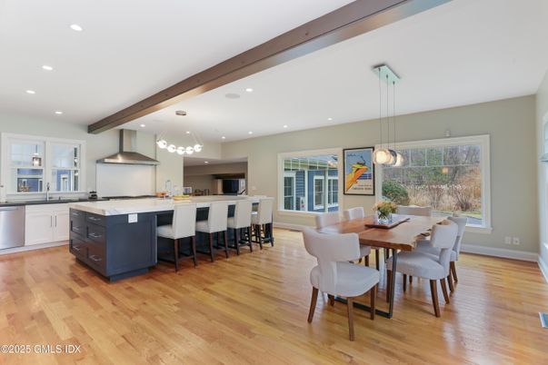 Dining room, Interior, Kitchen, Pendant Lights, Recessed Lighting, Stainless Steel Appliances, Wooden Beams, Wood Texture Flooring
