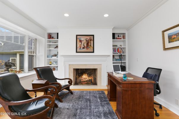 Fireplace, Home Office, Interior, Recessed Lighting, Wood Texture Flooring