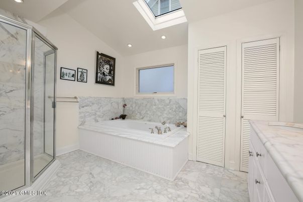 Bathroom, Glass Shower, Interior, Marble, Marble Walls, Recessed Lighting