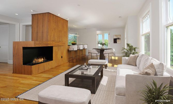 Dining room, Fireplace, Interior, Living room, Pendant Lights, Recessed Lighting, Wood Texture Flooring