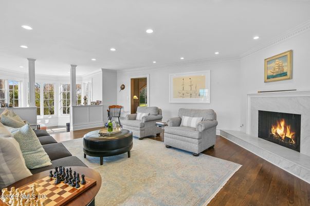 Fireplace, Interior, Living room, Recessed Lighting, Wood Texture Flooring