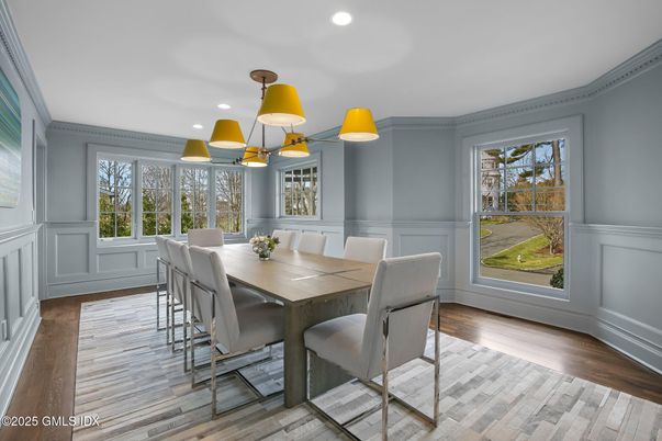 Dining room, Interior, Recessed Lighting, Wood Texture Flooring