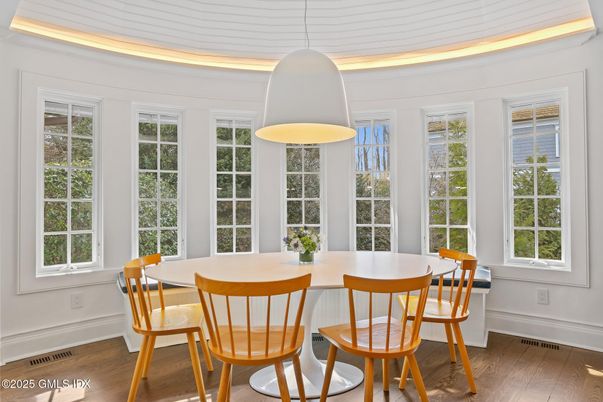 Dining room, Interior, Pendant Lights, Wood Texture Flooring