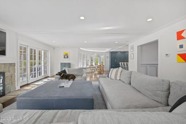 Fireplace, Interior, Living room, Recessed Lighting, Wood Texture Flooring