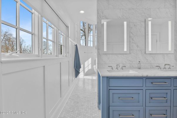 Bathroom, Dual Sink Vanities, Interior, Marble Walls, Recessed Lighting