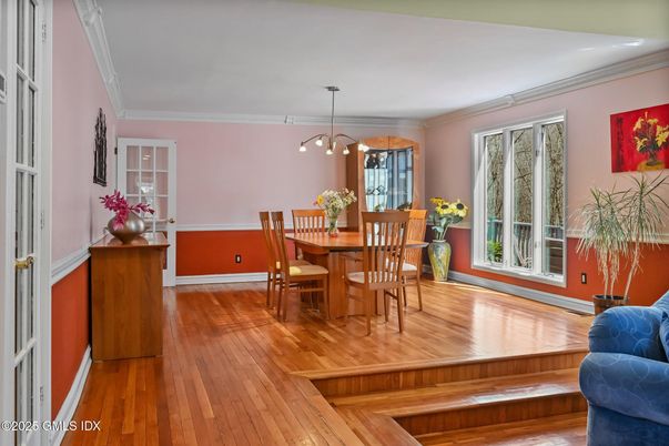 Dining room, Interior, Pendant Lights, Wood Texture Flooring