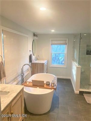 Bathroom, Free Standing Baths, Glass Shower, Interior, Recessed Lighting
