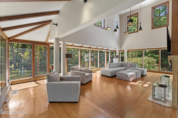 Interior, Living room, Pendant Lights, Wooden Beams, Wood Texture Flooring