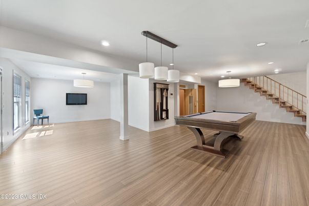 Billiard Table, Game Room, Interior, Pendant Lights, Recessed Lighting, Wood Texture Flooring