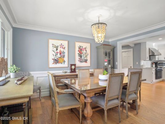 Chandelier, Dining room, Interior, Kitchen, Recessed Lighting, Stainless Steel Appliances, Wood Texture Flooring
