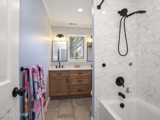 Bathroom, Dual Sink Vanities, Interior, Marble Walls, Recessed Lighting