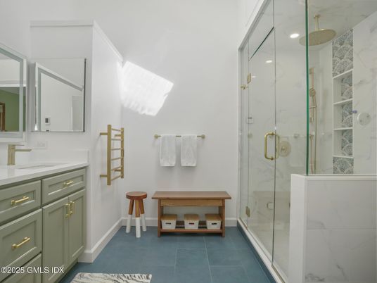 Bathroom, Glass Shower, Interior, Marble Walls, Recessed Lighting