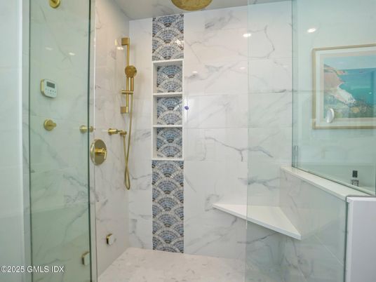 Bathroom, Glass Shower, Interior, Marble Walls, Recessed Lighting