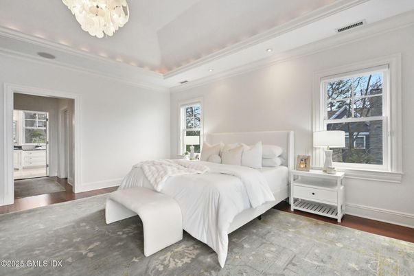 Bedroom, Chandelier, Interior, Recessed Lighting, Wood Texture Flooring