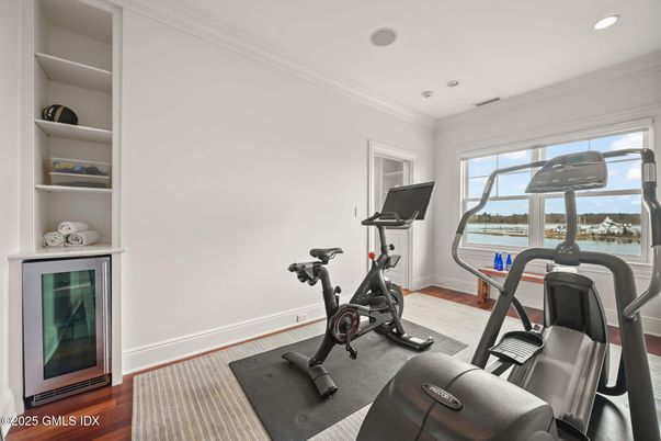 Fitness Equipment, Interior, Recessed Lighting, Water, Wood Texture Flooring