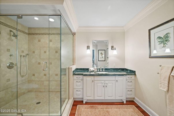 Bathroom, Glass Shower, Interior, Recessed Lighting, Wood Texture Flooring