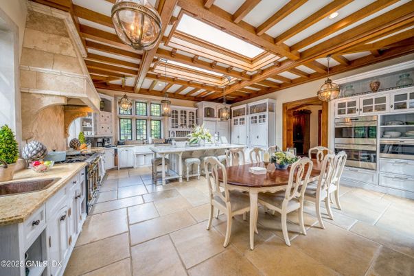 Dining room, Interior, Kitchen, Pendant Lights, Stainless Steel Appliances, Wooden Beams