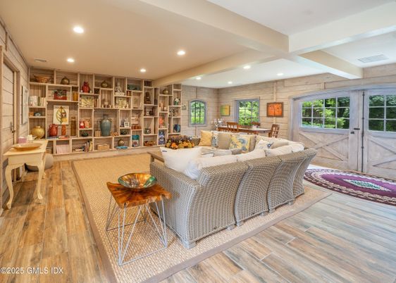Dining room, Interior, Living room, Recessed Lighting, Stone Walls, Wood Texture Flooring