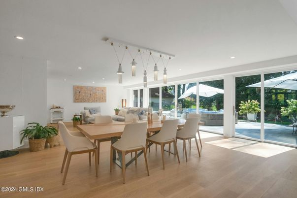 Dining room, Interior, Pendant Lights, Recessed Lighting, Wood Texture Flooring