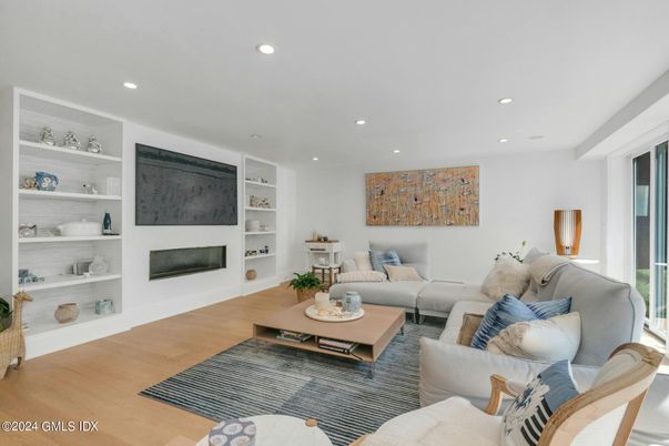 Fireplace, Interior, Living room, Recessed Lighting, Wood Texture Flooring