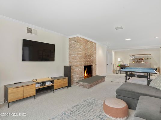 Billiard Table, Fireplace, Game Room, Interior, Living room, Recessed Lighting, Stone Walls