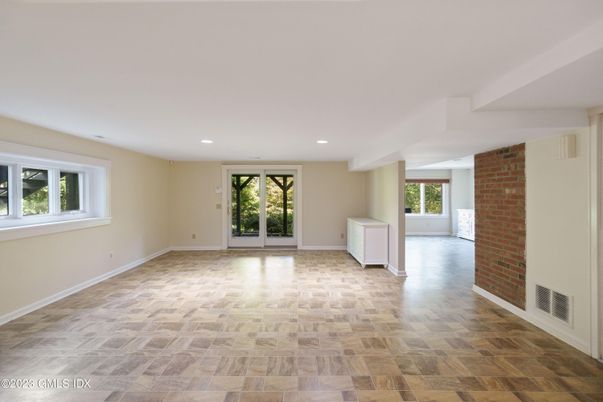 Empty room, Fireplace, Interior, Recessed Lighting, Stone Walls