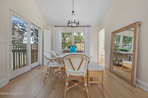Dining room, Interior, Pendant Lights, Wood Texture Flooring