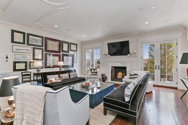 Dining room, Fireplace, Interior, Living room, Recessed Lighting, Wood Texture Flooring