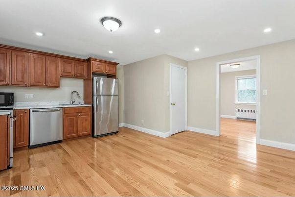 Interior, Kitchen, Recessed Lighting, Stainless Steel Appliances, Wood Texture Flooring