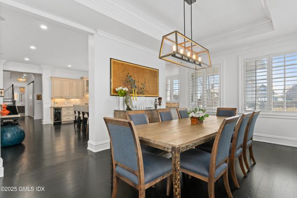 Dining room, Interior, Kitchen, Pendant Lights, Recessed Lighting, Wood Texture Flooring