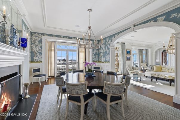 Chandelier, Dining room, Fireplace, Interior, Living room, Pendant Lights, Wood Texture Flooring