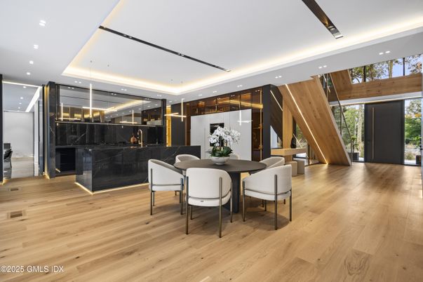 Dining room, Interior, Recessed Lighting, Wood Texture Flooring
