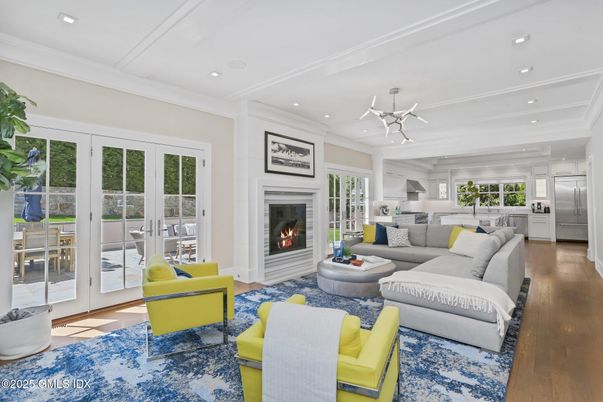 Fireplace, Interior, Kitchen, Living room, Recessed Lighting, Wood Texture Flooring