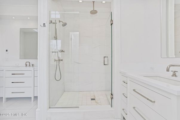 Bathroom, Glass Shower, Interior, Marble Walls, Recessed Lighting