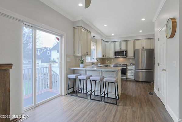 Interior, Kitchen, Recessed Lighting, Stainless Steel Appliances, Wood Texture Flooring