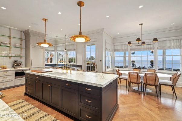 Dining room, Interior, Kitchen, Pendant Lights, Recessed Lighting, Water, Wood Texture Flooring