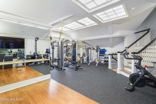 Fitness Equipment, Gym, Interior, Recessed Lighting, Wood Texture Flooring
