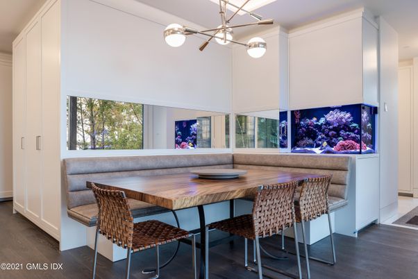 Dining room, Interior, Pendant Lights, Wood Texture Flooring