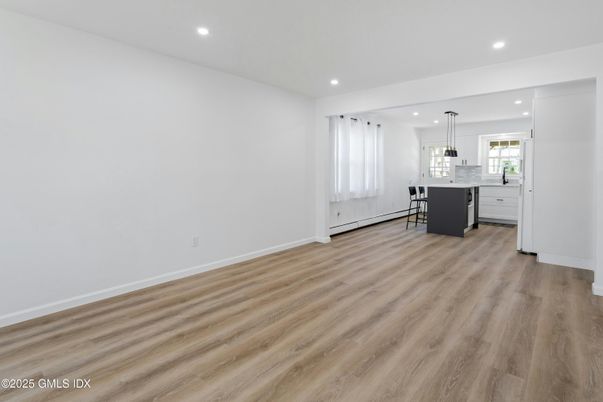 Empty room, Interior, Kitchen, Pendant Lights, Recessed Lighting, Wood Texture Flooring