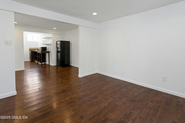 Empty room, Interior, Kitchen, Recessed Lighting, Wood Texture Flooring