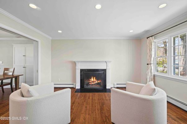Dining room, Fireplace, Interior, Recessed Lighting, Wood Texture Flooring