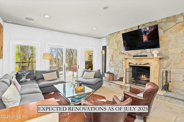 Fireplace, Interior, Living room, Recessed Lighting, Stone Walls