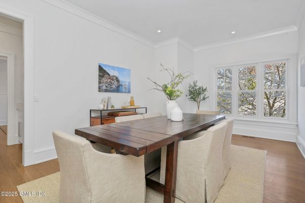 Dining room, Interior, Recessed Lighting, Wood Texture Flooring