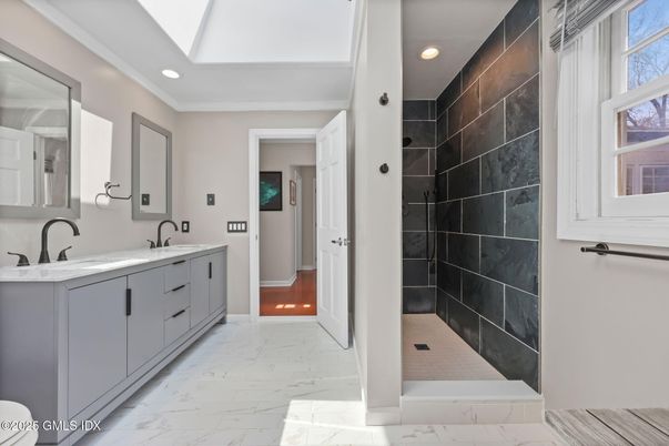 Bathroom, Dual Sink Vanities, Interior, Marble, Recessed Lighting