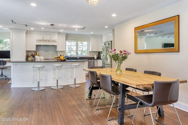 Dining room, Interior, Kitchen, Recessed Lighting, Stainless Steel Appliances, Wood Texture Flooring