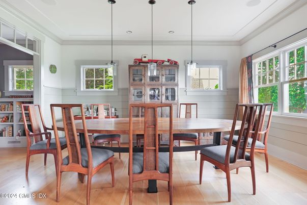 Dining room, Interior, Pendant Lights, Wood Texture Flooring