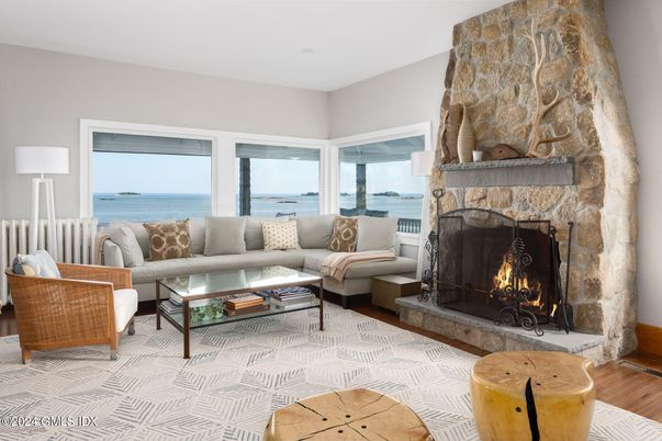 Fireplace, Interior, Living room, Stone Walls, Water, Wood Texture Flooring